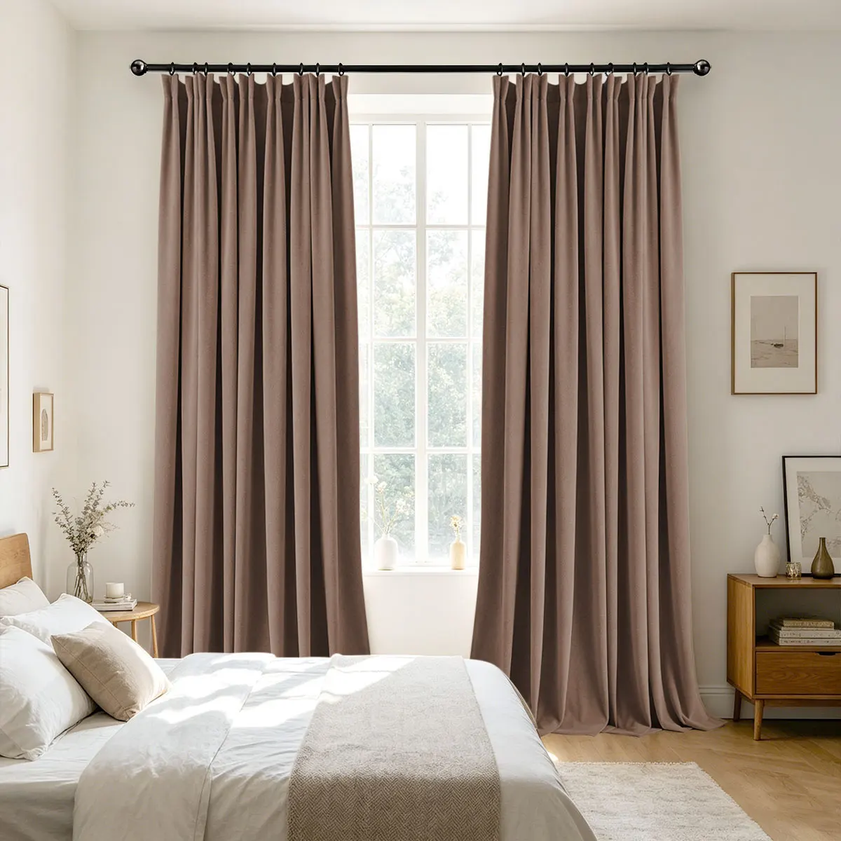 Mocha Brown Velvet Blackout Curtains 2‑Pack, Pinch Pleat Hook Top Drapes for Bedroom Living Room Home Decor