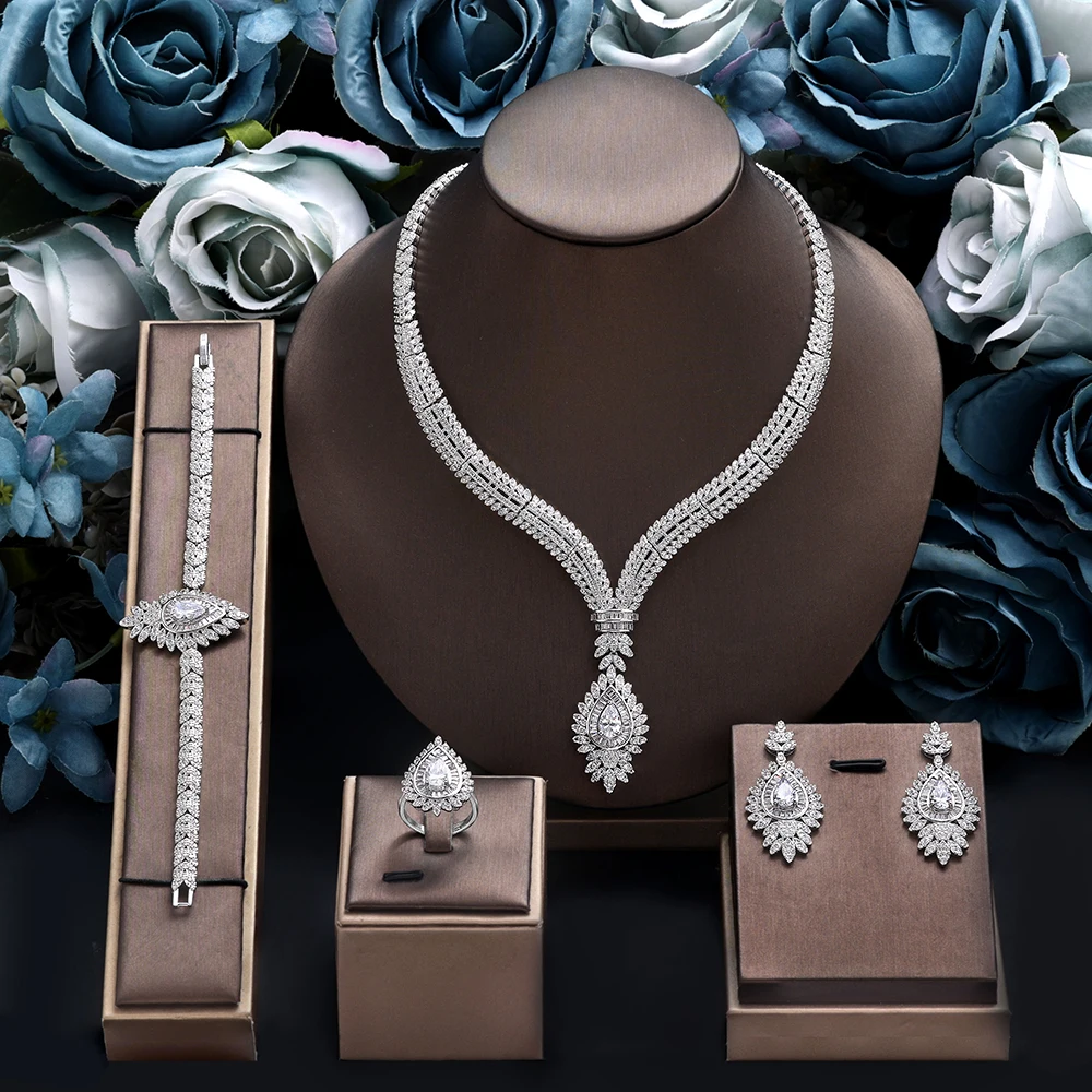 

Fashion 4-piece Wedding Jewelry Set For Women Cubic Zirconia Accessories Nigeria Bridal Necklace Earrings Set