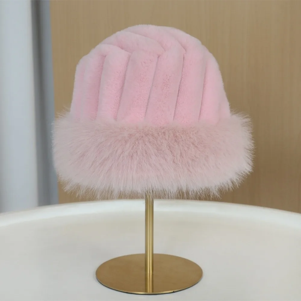 Vertical Texture Striped Fur Hat Fleece Lining Faux Fur Brim Trapper Hats Solid Color Windproof Puffy Bucket Cap Skiing