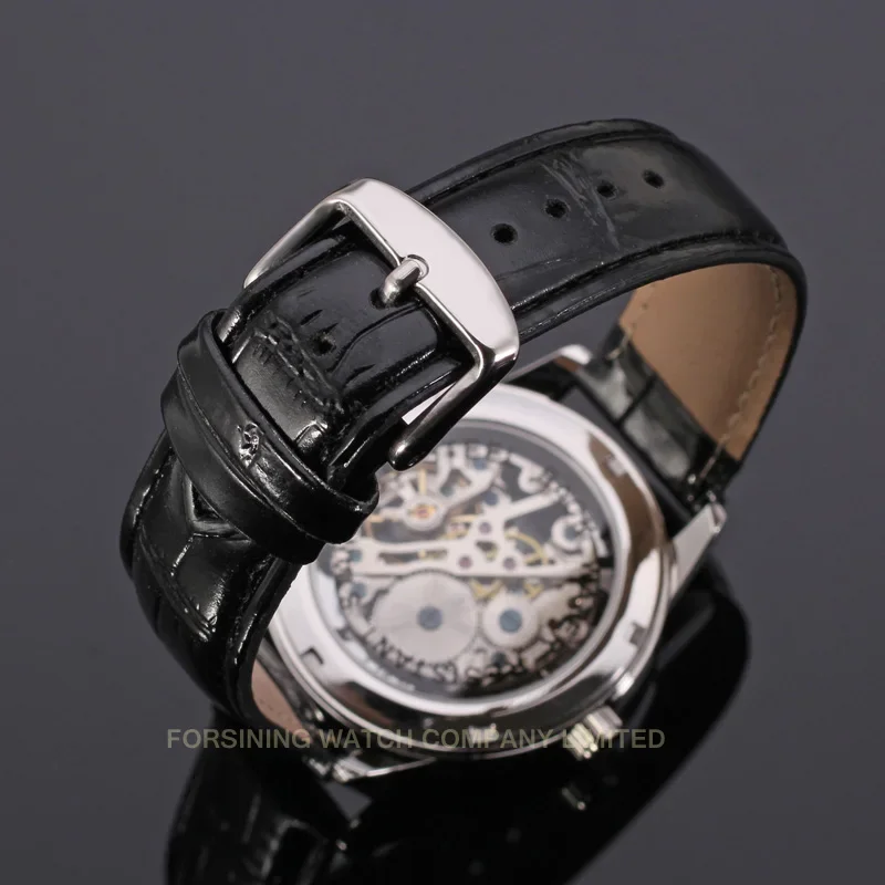 Transparent Silver Case Luxury Casual Design Black PU Leather Strap Mens Watches Top Brand Mechanical Hand Wind Skeleton Watch