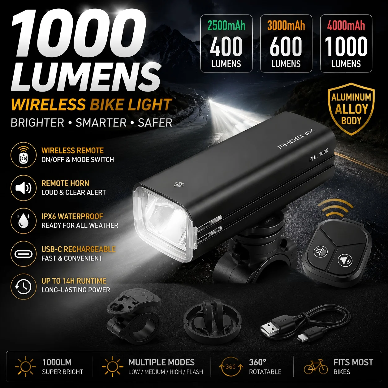 Bike Light Wireless Remote Control with Horn USB Rechargeable Bicycle Front Lamp Aluminum Alloy Cycling Light Night Riding