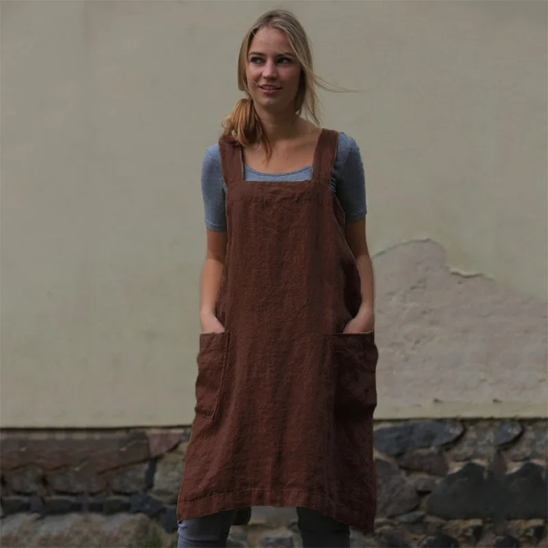 Tabliers de cuisine pour femmes, robe en coton et lin, décontracté, solide, Bandage, vêtements amples