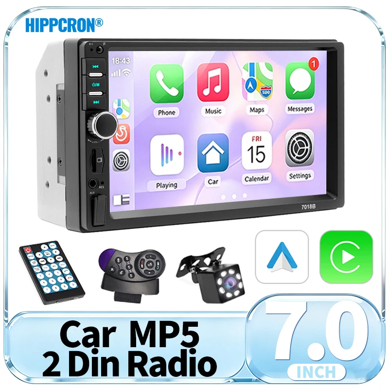 Hippcron 7” 2DIN Carplay Android Auto 12V Car Radio MP5 Multimedia Player FM Receiver ISO Power Aux Input USB BT5.1 Mirror Link