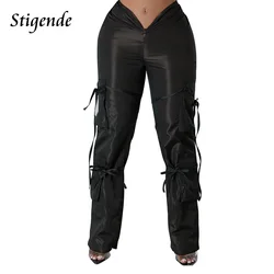 Stigende Women Sexy Low Rise Cargo Pants Hip Pop Zipper Bandage Pocket Trousers Lady Solid Color Straight Leg Pants Street Wear