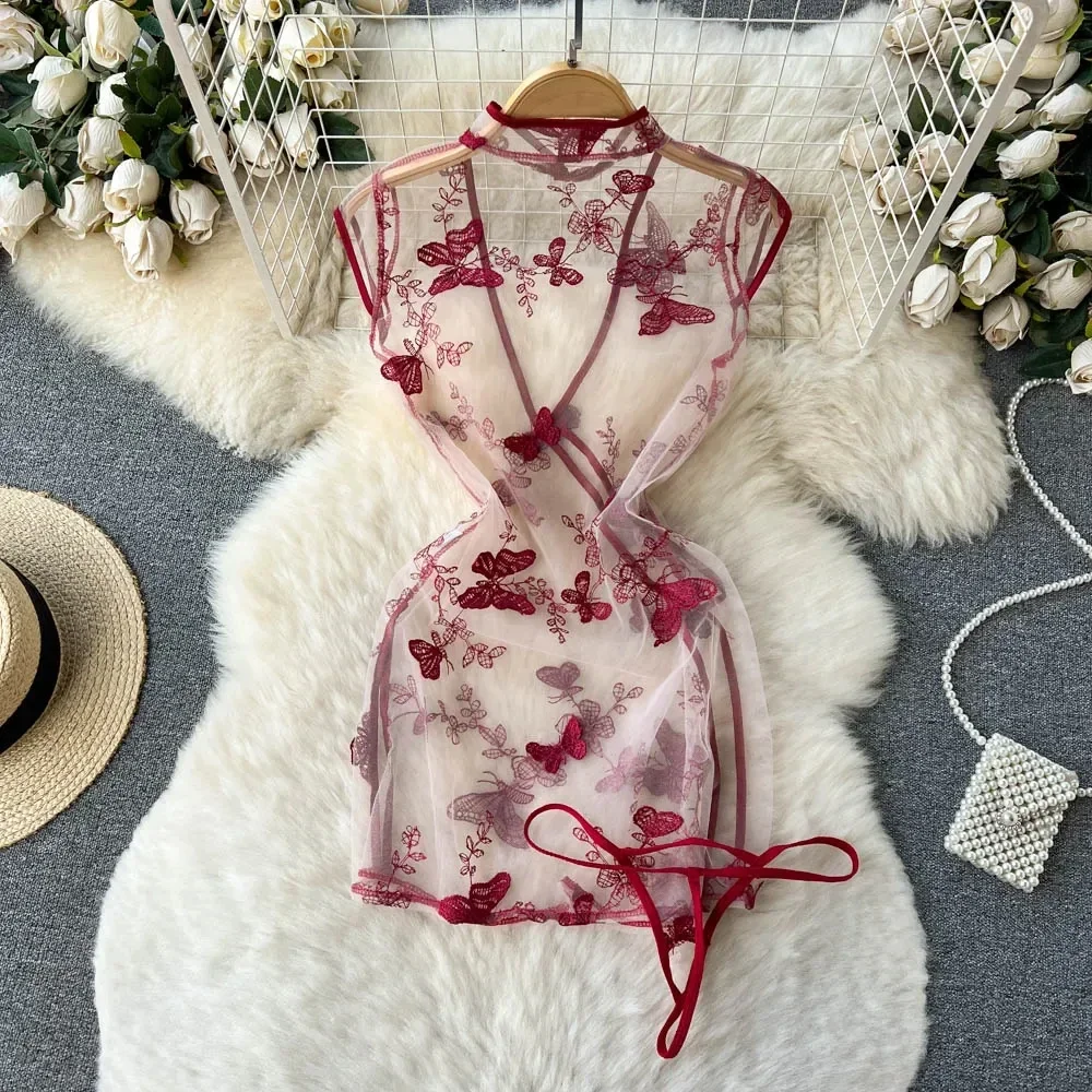 Vestido Sexy ajustado ahuecado con bordado de mariposa y encaje para mujer, traje de malla transparente, conjunto Cheongsam tradicional a rayas bordadas