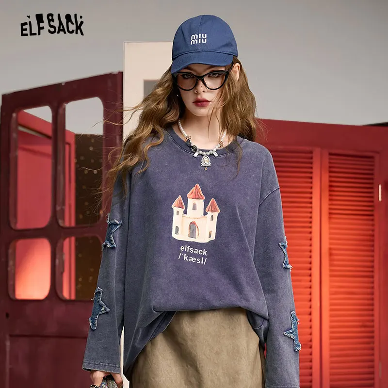 

ELFSACK 2024 Autumn New Arrive Blue purple round neck casual style washed retro loose design casual long sleeve T-shirt for wome