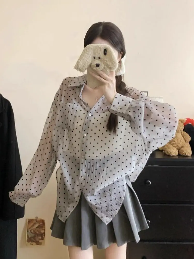 

French Style Polka Dot Shirt Thin Women's Outerwear Summer Design Sensation Small Audience Sunscreen Long Sleeve Collar