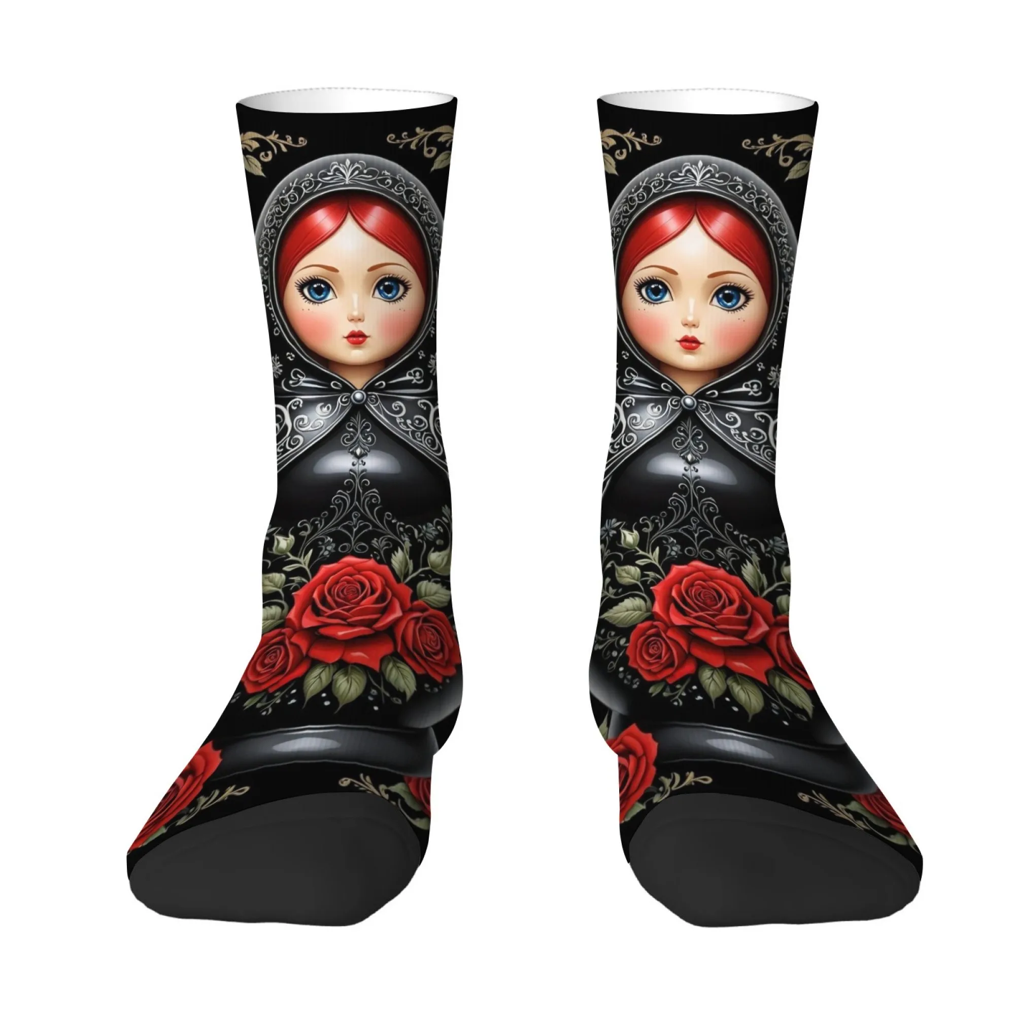 Ethnic Art Rose Matryoshka Men's Socks Retro Style Comfortable Breathable Casual Fashion Socks Novelty Funny Happy Crew Socks