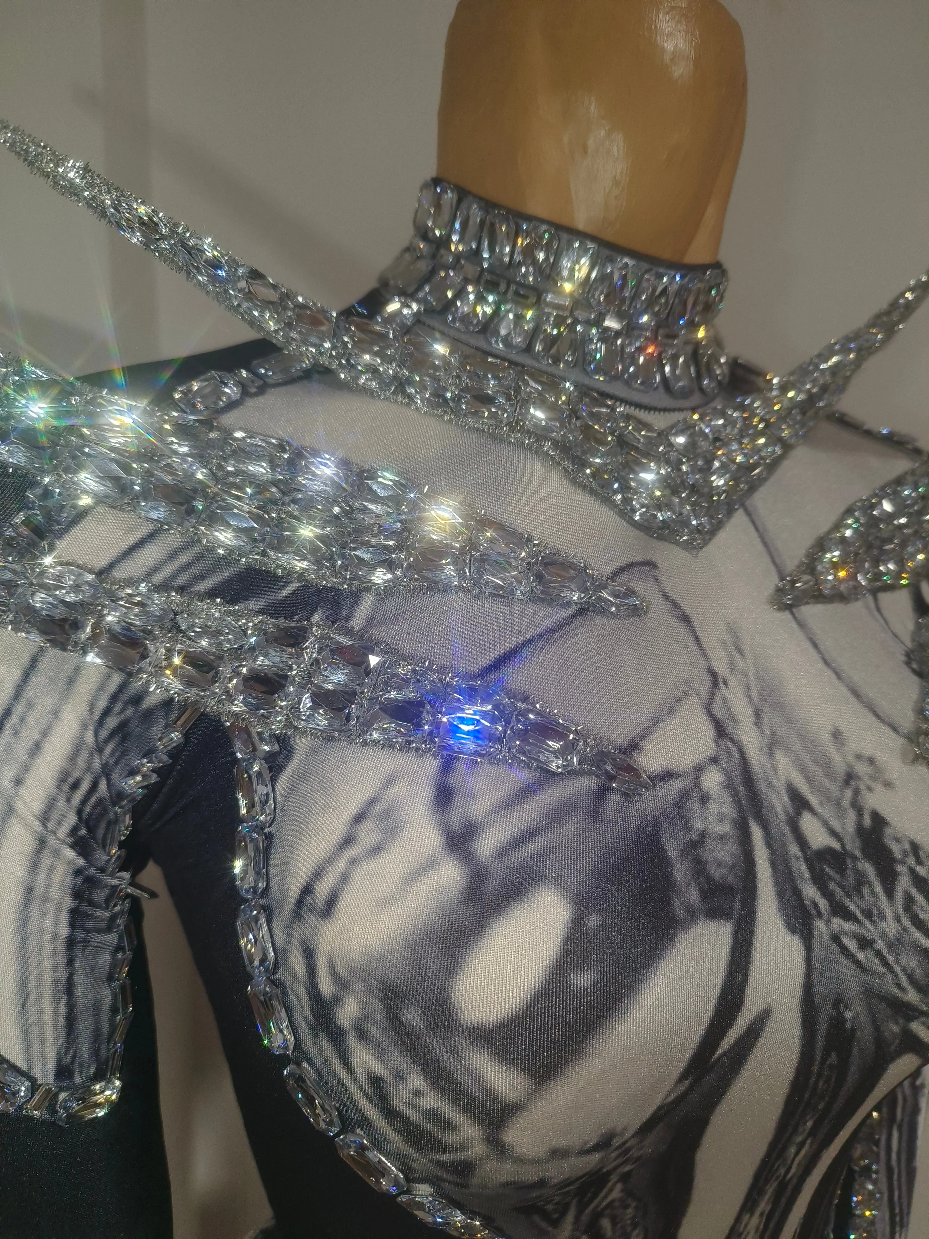 Women Sexy Bodycon Sparkly Rhinestones Long Sleeve Stretch Jumpsuit Evening Party Singer Dancer Performance Stage Costume