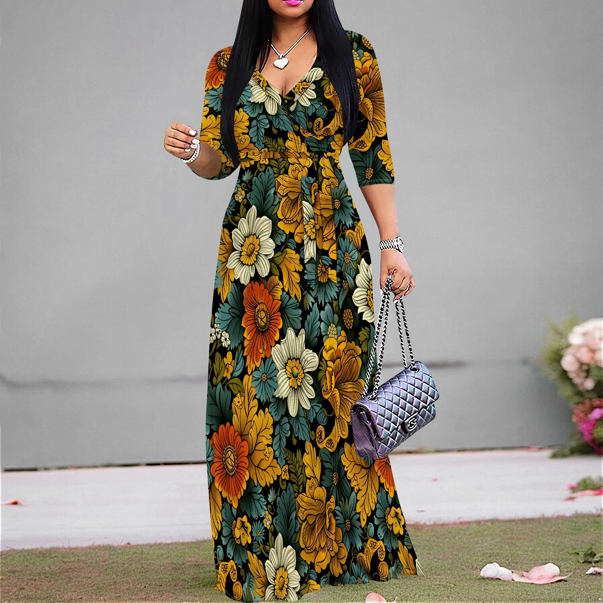 

Retro Floral Maxi Dress Vintage Fall Print V-Neck Tie Waist Thanksgiving Church Autumn Casual Dress S-3XL