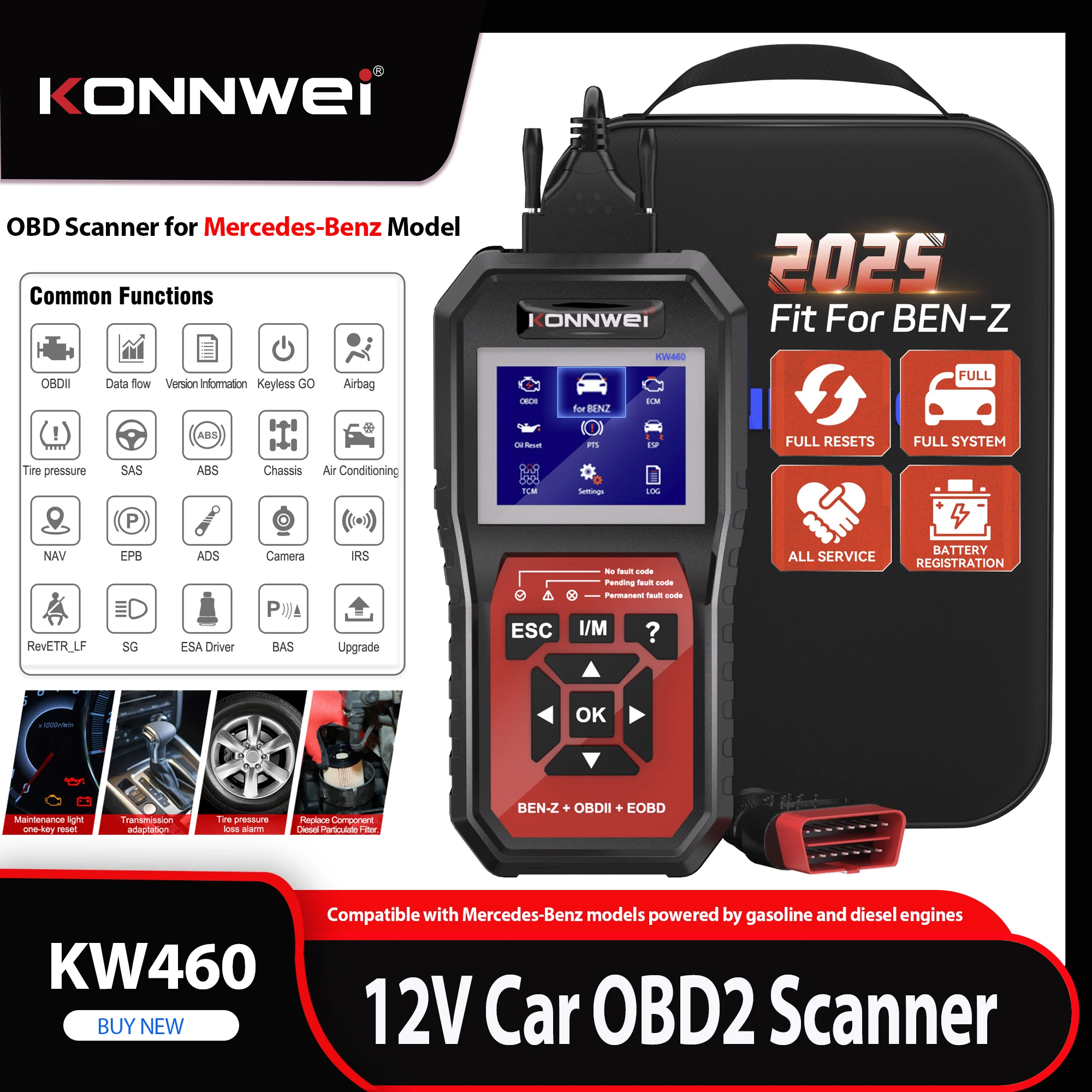 KONNWEI KW460 Car OBD2 Full-System Diagnostic Tool For Mercedes-Benz Featuring ABS/SRS/EPB/DPF/Oil Reset Functions Car Scanner