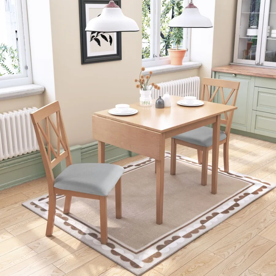 

3 Piece Kitchen Dining Set with Drop Leaf Dining Table and 2 Dining Upholstered Chairs Dining Room Set for Small Places Natural