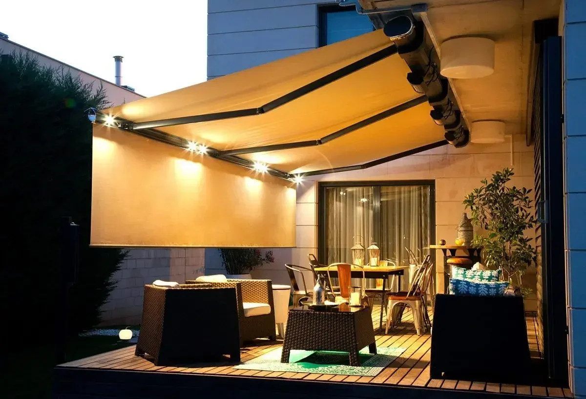 Folding Awning Patio Telescopic Arms Foldable Awning with Canopy Motorized Outdoor Retractable Full Cassette Awning  LED Light