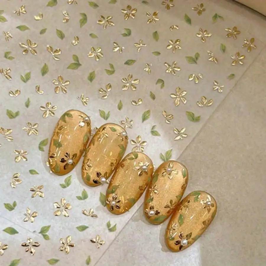 Golden Foil Flower Nail Stickers. Flower Adhesive Nail Decoration With Back Glue, Suitable For Beautiful Nails, Women, And Spring Festival