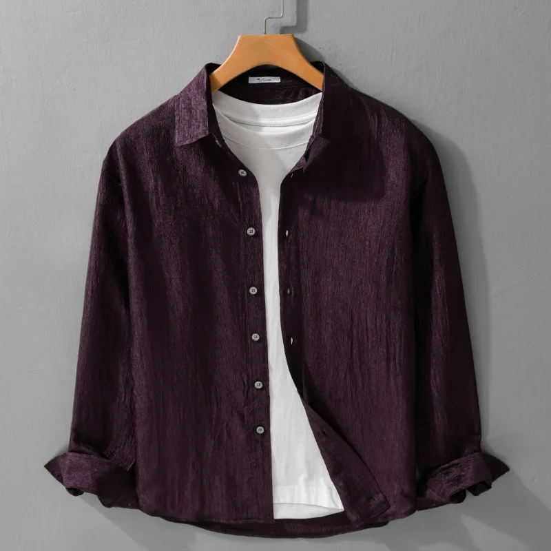 

Draping Acetate Textured Men's High Quality Minimalist Long-sleeve Shirt Casual Loose Fit Skin-friendly Shirt for Young Men