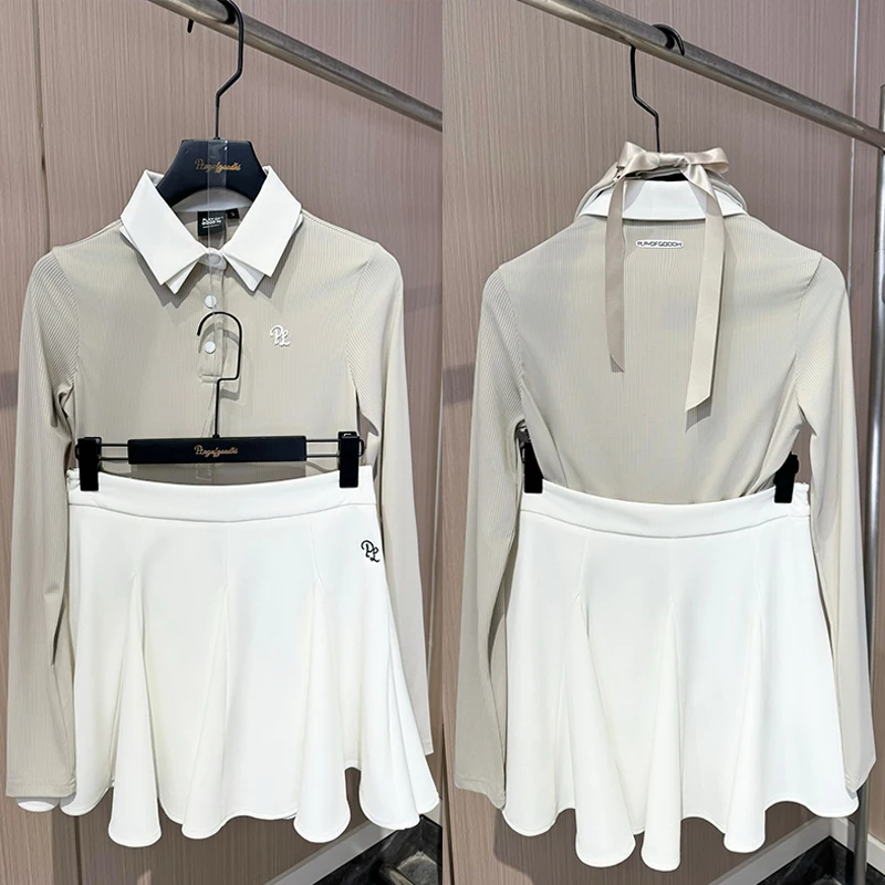 PL Autumn Spring Women Polo Tops Long-sleeved Breathable T-Shirt Lady Tennis Pleated Skirt Ruffle High Waist Golf Skorts