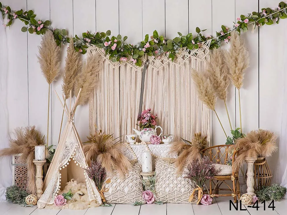 Boho pampas หญ้าดอกไม้พื้นหลังสำหรับถ่ายภาพงานเลี้ยงวันเกิดงานแต่งงานหญิงตั้งครรภ์ตกแต่งฉากหลังสตูดิโอถ่ายภาพ