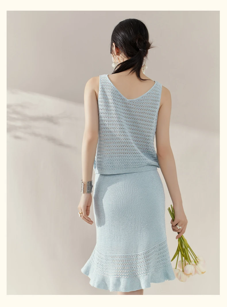 الفرنسية أنيقة الحلو محبوك تنورة جوفاء مجموعة الخامس الرقبة قمصان بلا أكمام عالية الخصر الورك ملفوفة التنانير القصيرة قطعتين مجموعة النساء