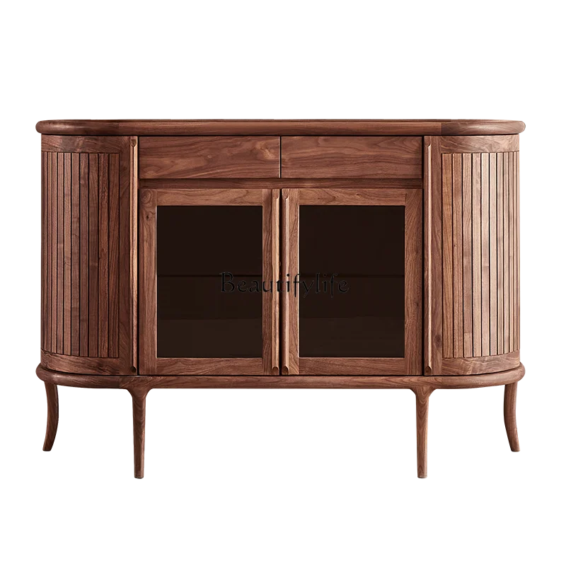 Solid wood dining side cabinet Italian light luxury North American black walnut high-end storage tea cabinet multi-function