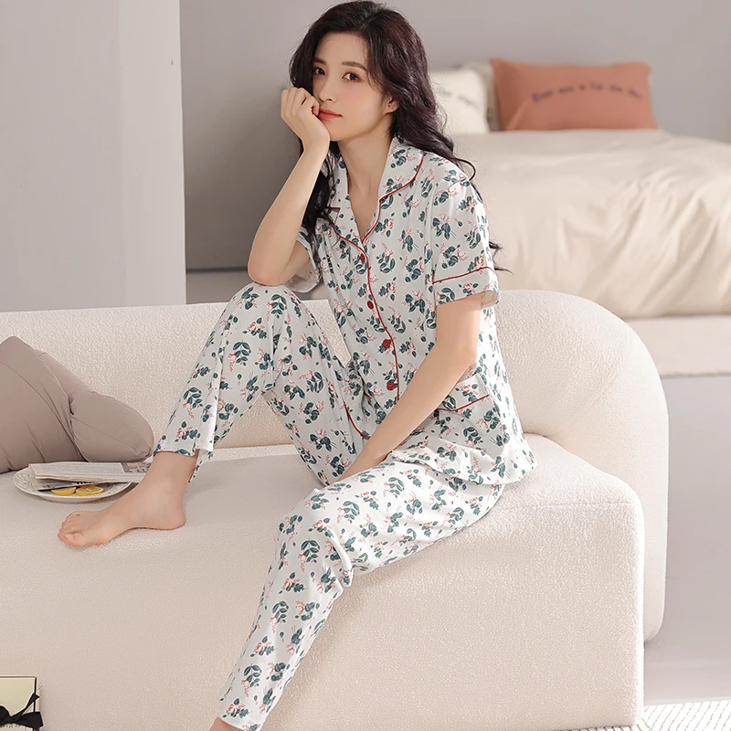 

Summer small floral style pyjamas women big yards 4XL female pajamas sets short sleeve long pants casual tracksuit pijamas mujer