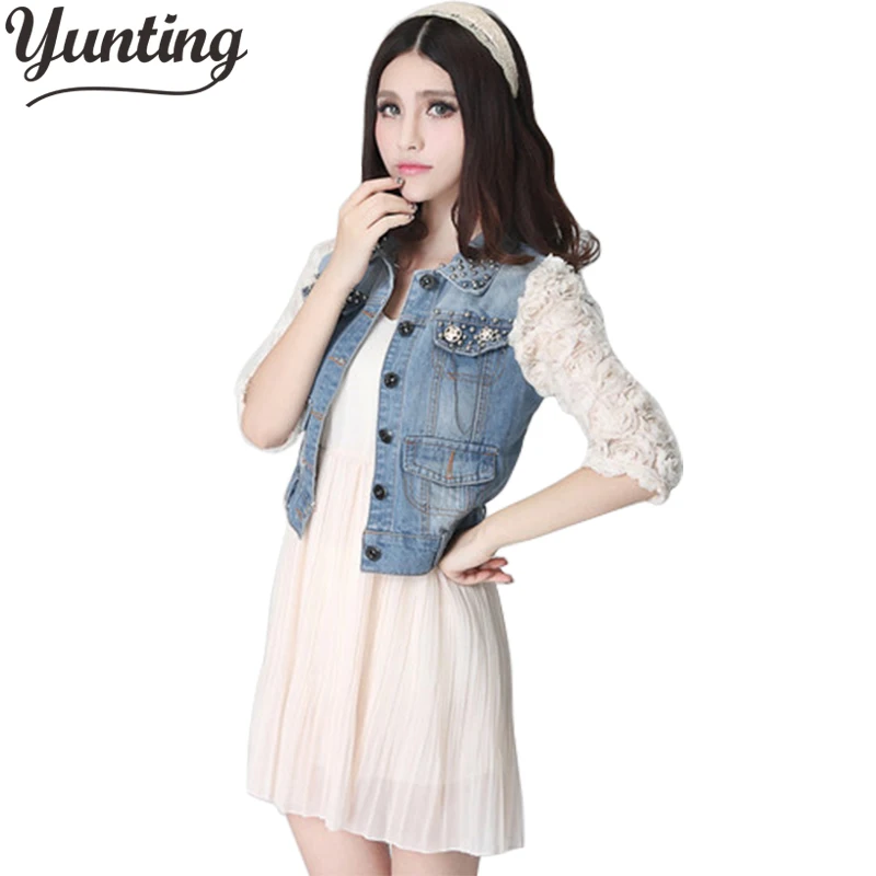 

Spring Autumn 2024 New Denim Women's Slim-Fit Stretch Half Sleeve Jeans Coat Lace Rivet Outerwear