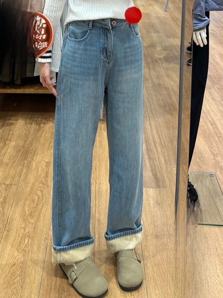 Fleece Lined Straight Leg Denim Jeans Women's Autumn Winter Slimming High Waist Skinny Wide Leg Pants Retro Style High Waist