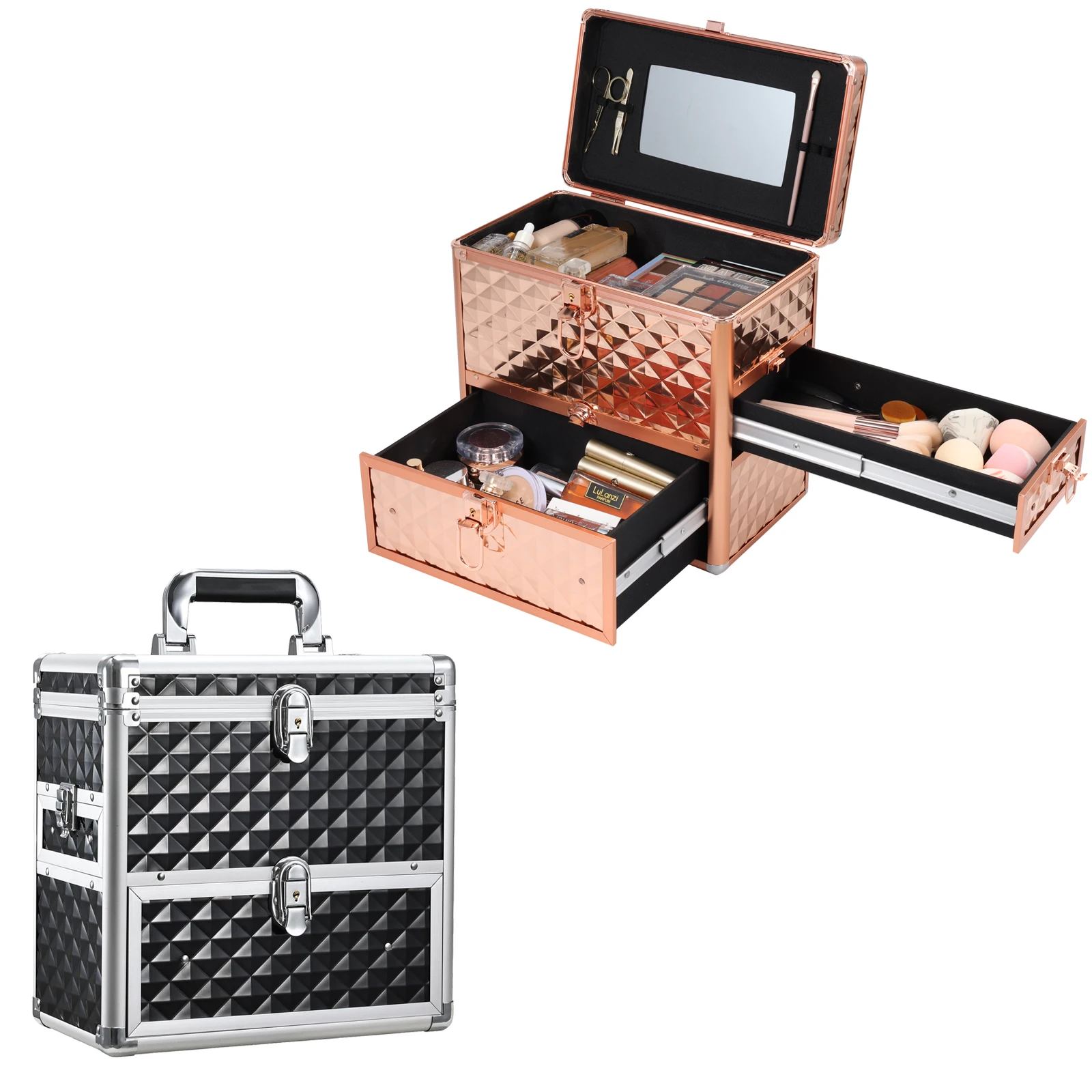 Nail Polish Makeup Train Case with Drawer and Dividers Manicure Storage Makeup Box With Mirror Lock Nail Cosmetic Jewelry Box