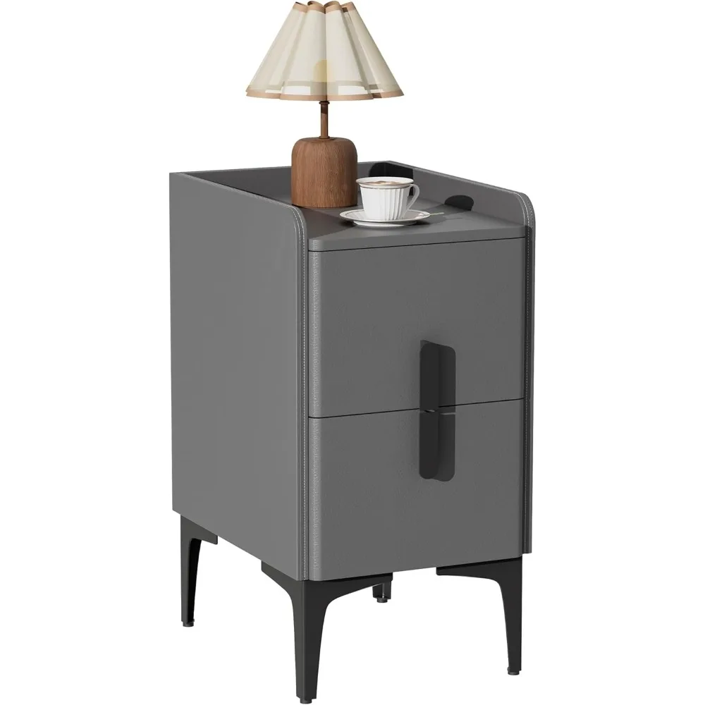 منضدة ضيقة مع درجين، سطح جلدي ضيق للطاولة الجانبية، طاولة بجانب السرير رفيعة لغرف النوم والمهاجع وغرف المعيشة #2