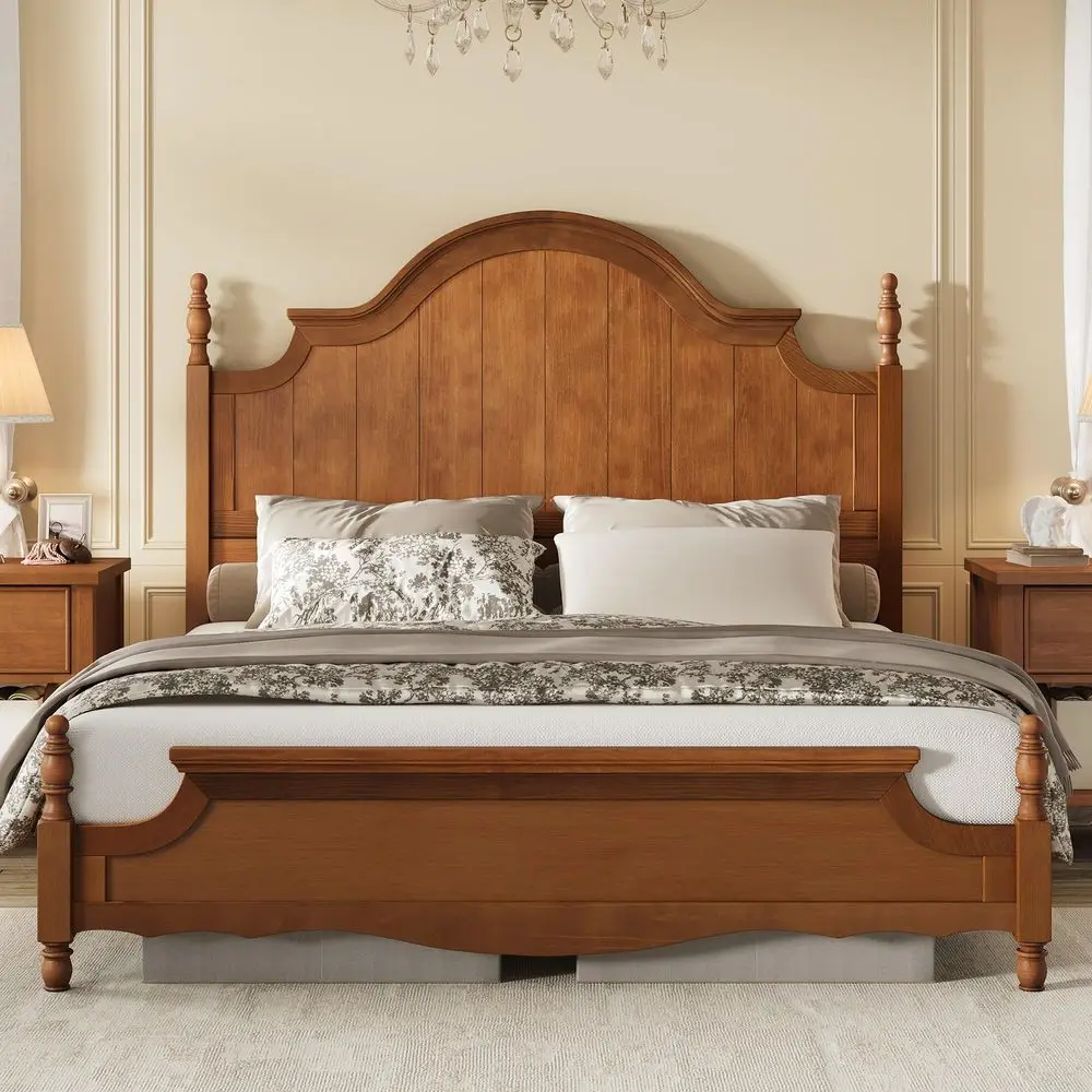 

Queen Size Solid Wood Bed Frame with 55 Arched Headboard, Vintage Poster Platform Bed with Wood Slat Support, No Box Spring Req