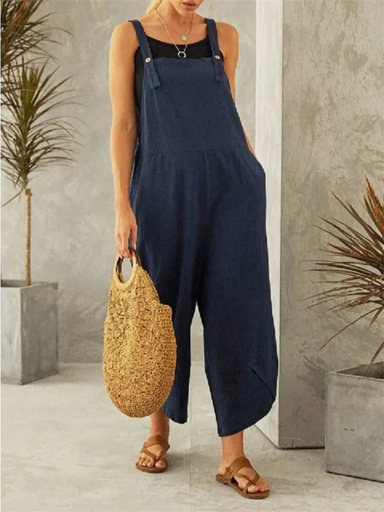 Women Cotton Blend Rompers Sarouel Overalls Cropped Loose Summer Pants Oversized 5XL Jumpsuit Casual Streetwear Bibs