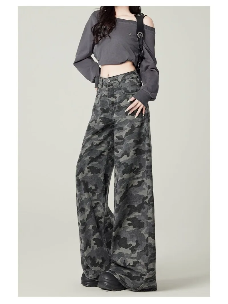 Y2K Plus Size Women Grey Camouflage Cargo Jeans 2026 Spring Autumn High Waist Baggy Wide Leg Streetwear Trousers