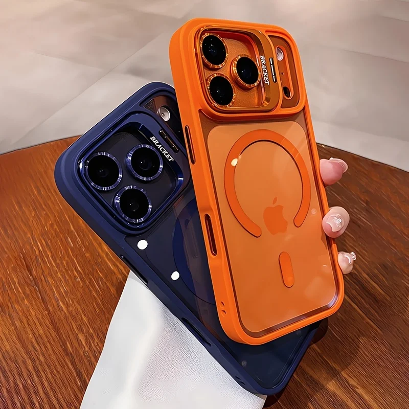 Capa Traseira Magnética Magsafe de Luxo com Suporte de Lente e Proteção Antichoque para iPhone 17 16 15 14 13 12 Pro Max com Carregamento Sem Fio