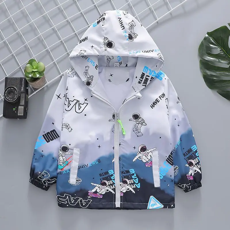 2023 Spring Autumn Boys Coats Printed Cartoon Astronaut Hooded Zipper Jackets For Kids 2-10 Years Children Windbreaker Outerwear