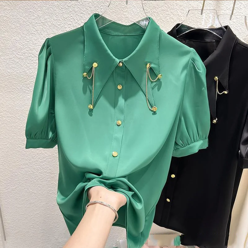 2023 New Summer Temperament Chain Solid Color Turn-down Collar Short Sleeve Blouse Women Clothing Simplicity Buttons Loose Tops