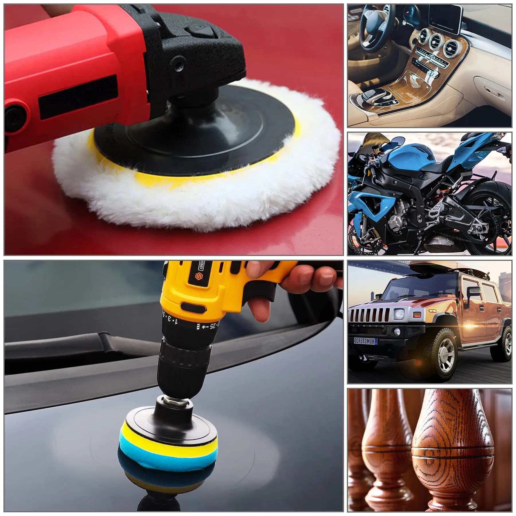 Almohadillas de pulido de coche de 5 pulgadas para taladro, Kit de pulido de 125mm con adaptador de taladro M14 y almohadillas de pulido de cera de lana para limpieza de coche