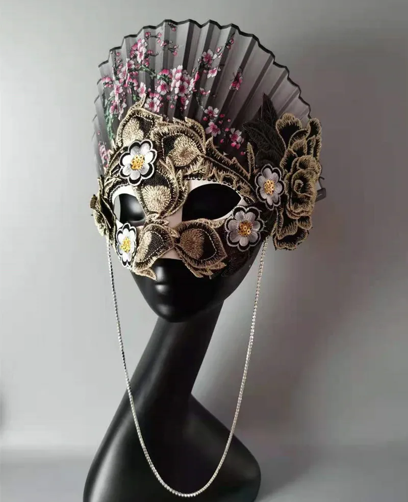 Chinese Style Princess Makeup Ball Model Walk Show Halloween Embroidery Style Anchor Fan Pulp Tassel Mask