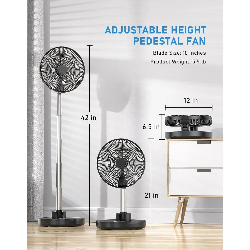 Portable Fan, 12000mAh Rechargeable Pedestal Fan with Remote, Timer Setting, Height Adjustable, Foldaway Desk Fan