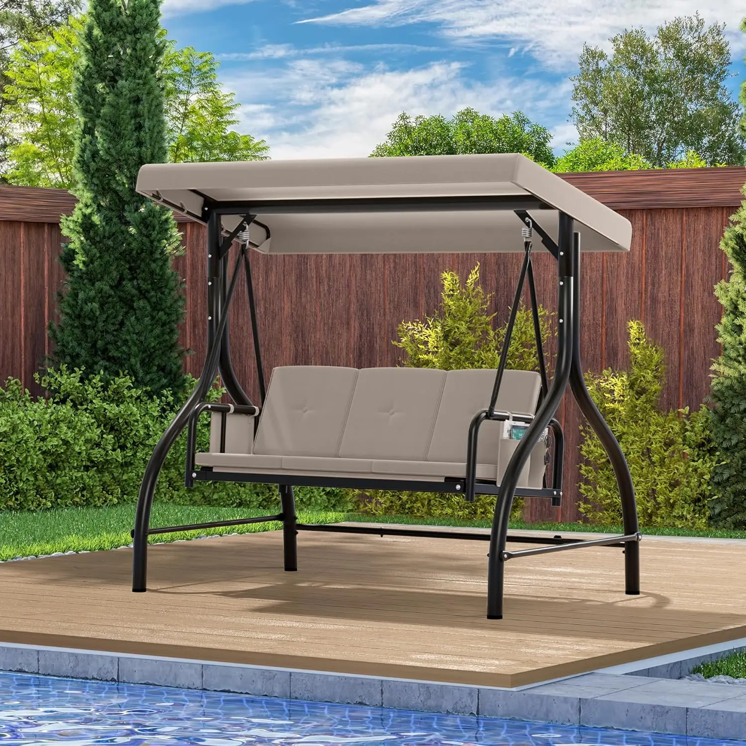 YITAHOME Outdoor Porch Swing 3 Person Patio Swing Chair Adjustable Canopy Removable Cushion Garden Poolside Balcony Grey