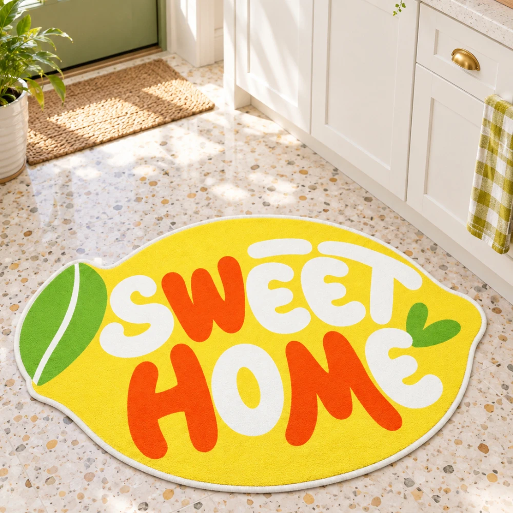Sweet Home Lemon Shaped Area Rug, Yellow Floor Mat for Kitchen Living Room Entryway, Soft Flannel Home Decor and Unique Gift