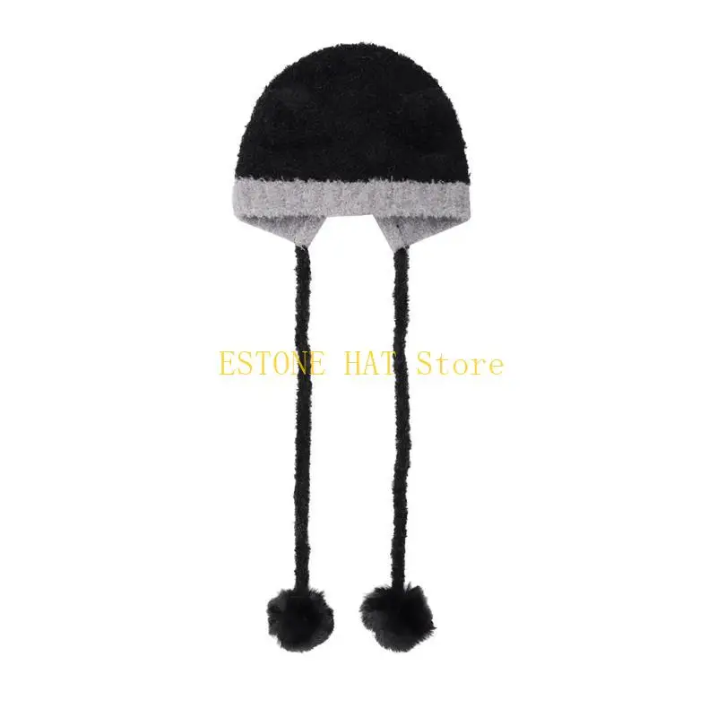 49MF Color Matching Knit Ear Hat with Dangle Pompoms Winter Knitted Hat Cold Winter Presents for Students Teenagers