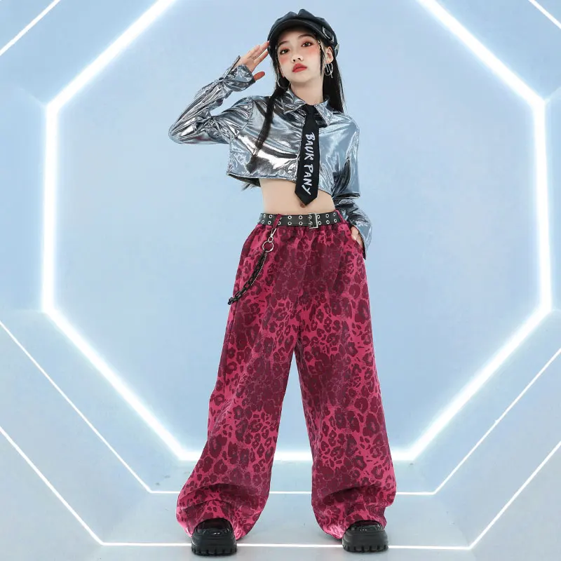 소녀 k-pop 자르기 반짝 이는 재킷 가죽 레오파드 카고 바지 어린이 힙합 스트리트 댄스 반바지 의류 세트 어린이 재즈 streetwear