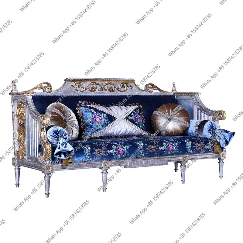 Xx Julianne French Hand-carved Blue Embroidered Flower Solid Wood Three-piece Sofa Combination Designer