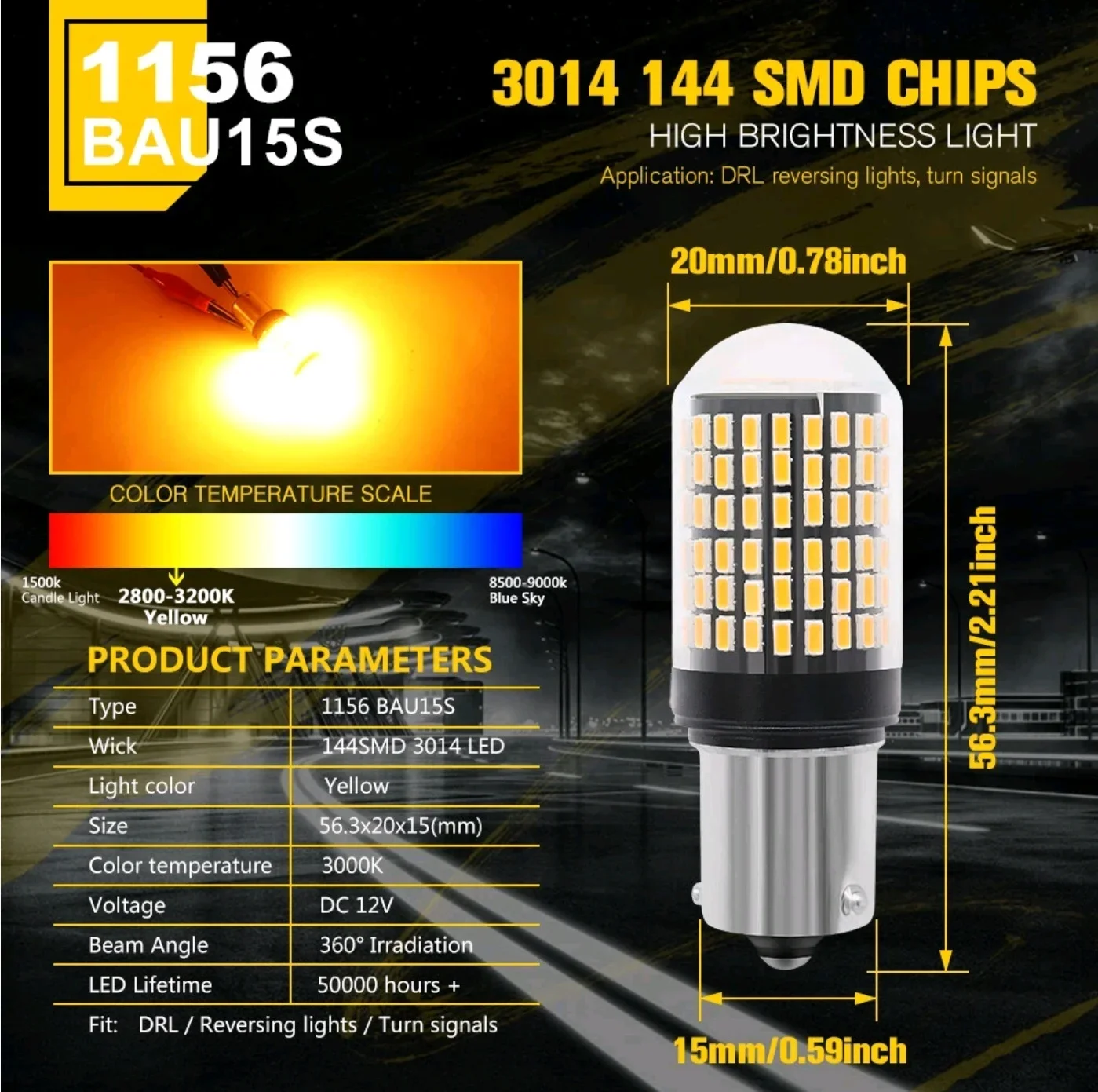 2025 update BAU15S 144SMD Amber LED Canbus Turn Signal Indicator Light Bulbs 12V