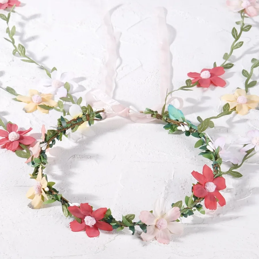 Colorful Fairy Flower Headpiece Bohemian Hippie Daisy Floral Headband for Women Girls Bridal Wedding Boho Renaissance Party Cos