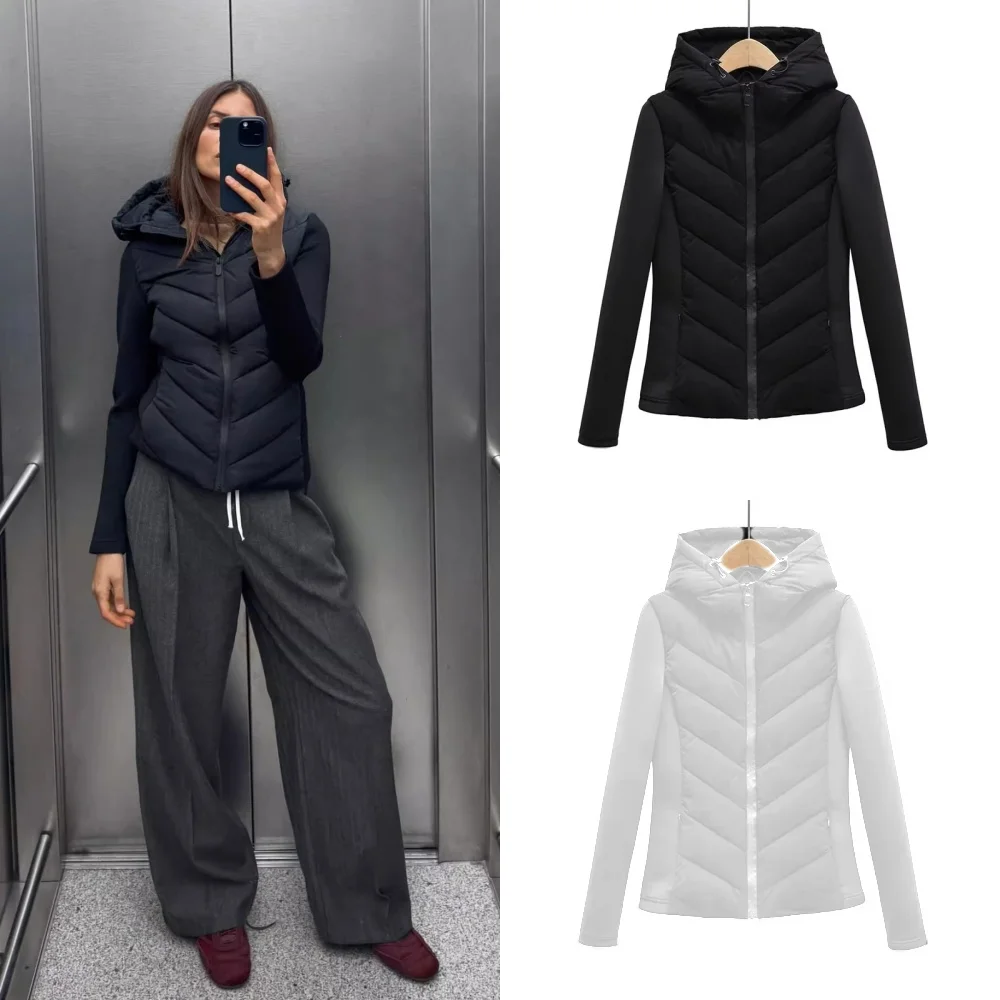 Chaquetas acolchadas ajustadas negras Vintage de invierno para mujer, abrigo a la moda con capucha, Parkas de manga larga, prendas de vestir exteriores para mujer, ropa superior