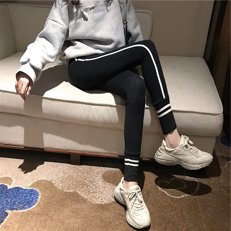 Spring New Ankle Length Pants Korean Commute Women's Spliced Striped Elasticized High Waisted Casual All-match Slim Fit Leggings