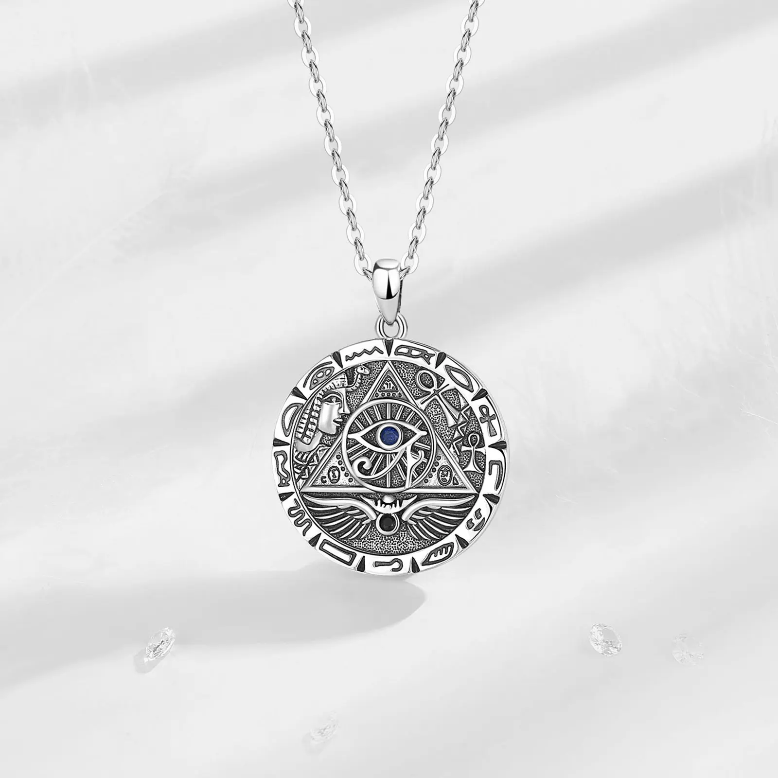 Eudora 925 Sterling Silver Egypt Pyramid All Seeing Evil Eye Illuminati Necklace Egyptian Cross Amulet Pendant Man Women Gift