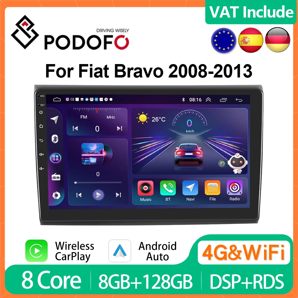 Podofo 9 Radio per auto Wireless CarPlay Radio Android per Fiat Bravo 2008-2013 Multimedia GPS FM 4G WIFI BT Sistemi intelligenti per auto