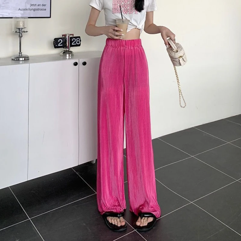 Ice Silk Elastic Waist Loose Casual Wide Leg Pants Summer New Solid Simplicity Fashion Straight Pants Trend Korean Women Clothes