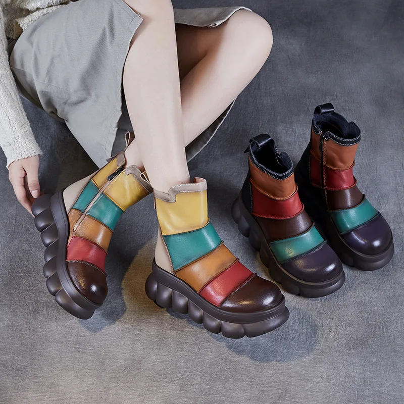 7cm Cow Genuine Leather Boots Ladies Fashion Ankle Booties Moccasins Autumn Motorcycle Women Mixed Color Chimney Shoes